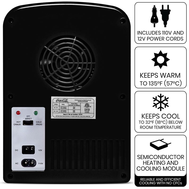 Coca-Cola Zero CZ04 4 Liter/4.2 Quarts 6 Can Portable Cooler/Mini Fridge, Beverages, Baby Food, Skincare and Medications-Use at Home, Office, Dorm, Car, RV or Boat-AC & DC Plugs Included, Black/Red - Image 4